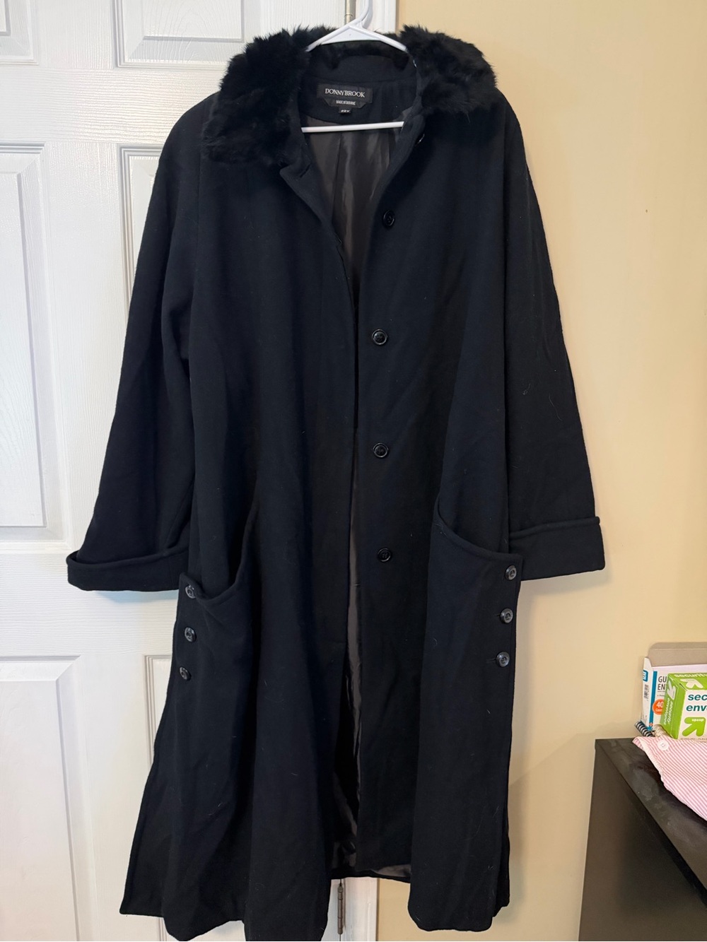 Donny Brook Black Wool Coat with Genuine Rabbit Fur Collar